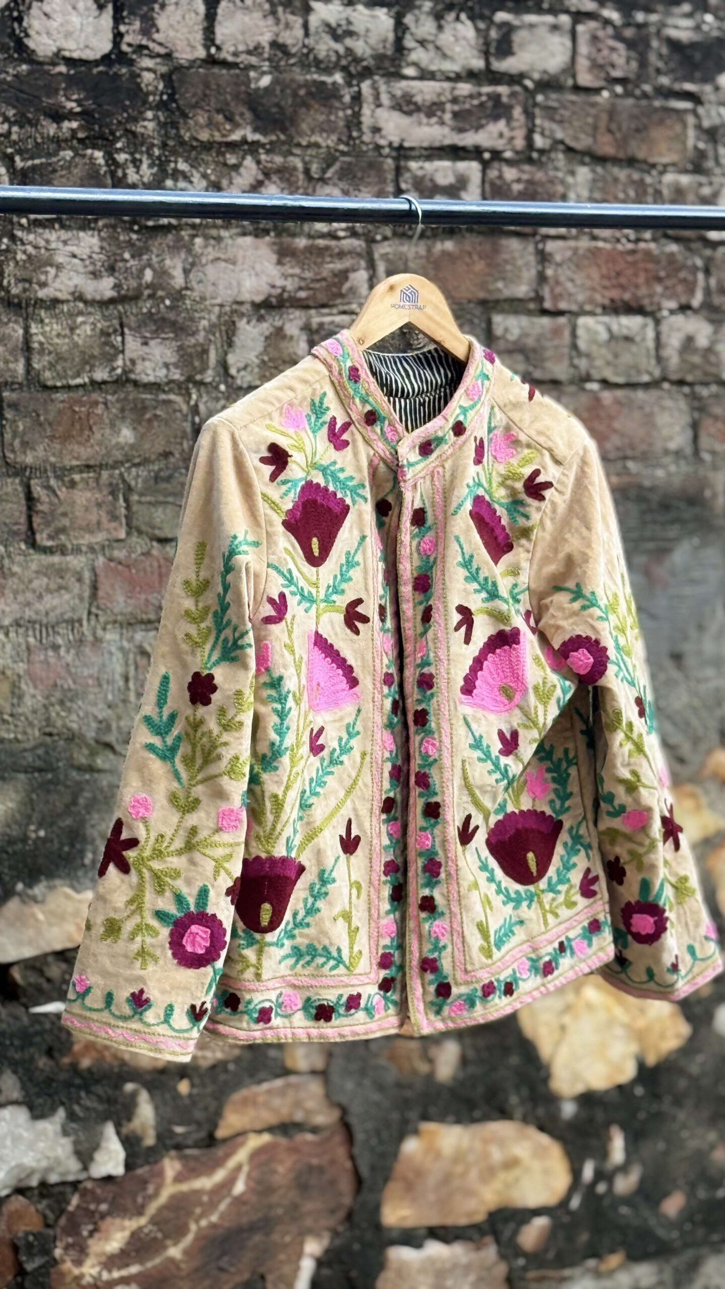 Womens Light Beige Velvet Embroidered Jacket with Floral Design - Image 4