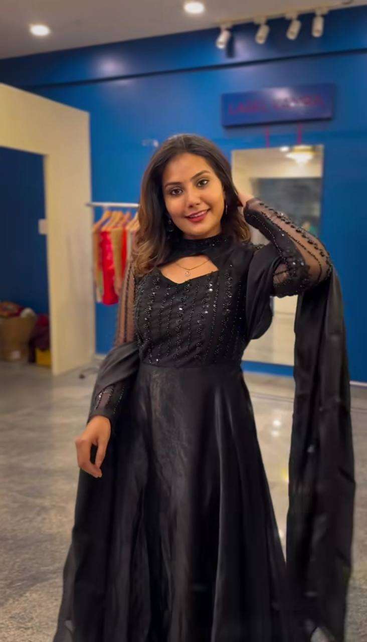 Women's Silk Heavy Embroidery Sequence Work Long Anarkali Kurti With Pant and Dupatta Set - Image 3