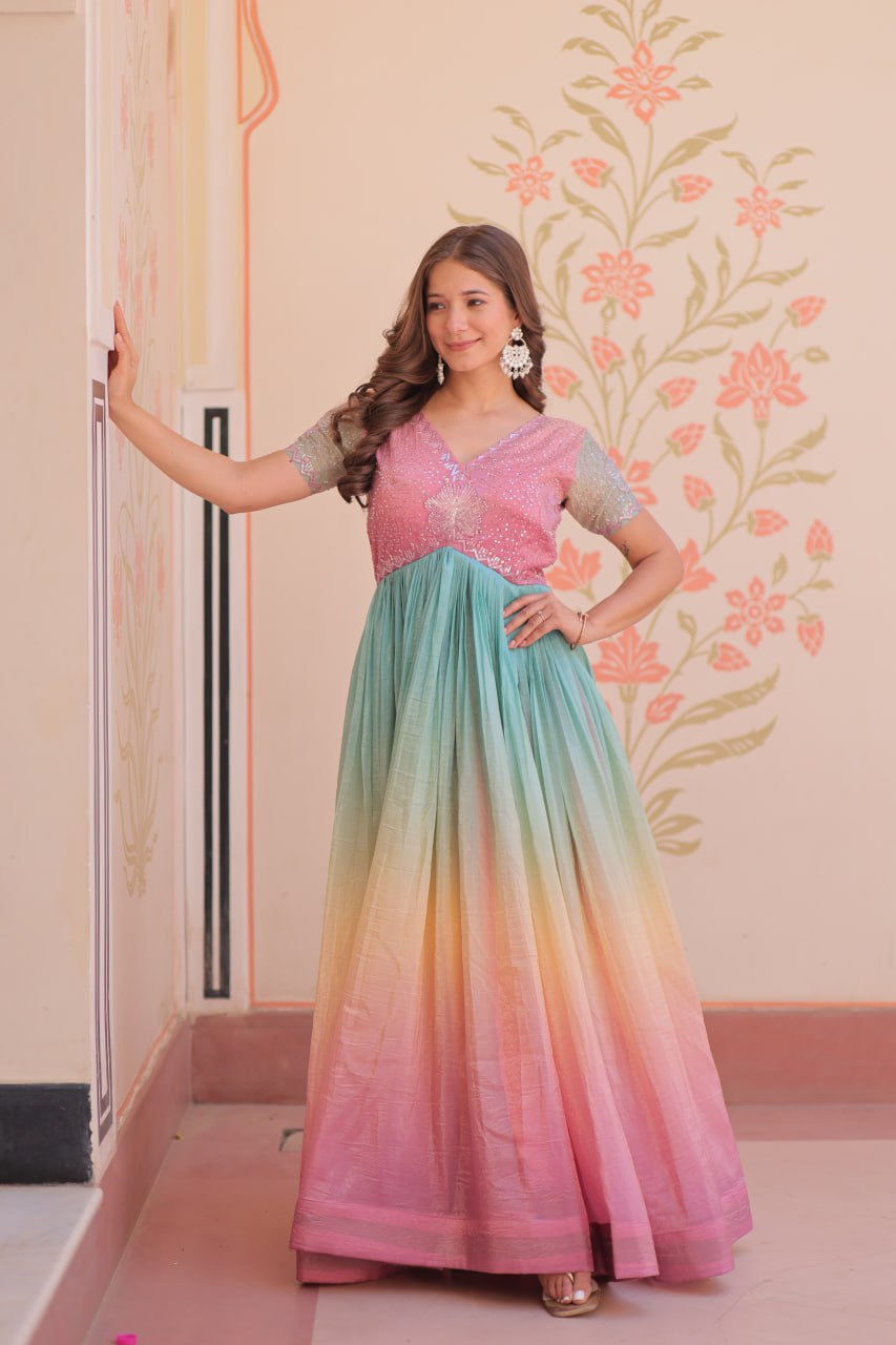 Women's Dual-Tone Ombre Gown in Candy Pink & Aqua Green with Embroidered Bodice – Festive & Contemporary Wear - Image 7