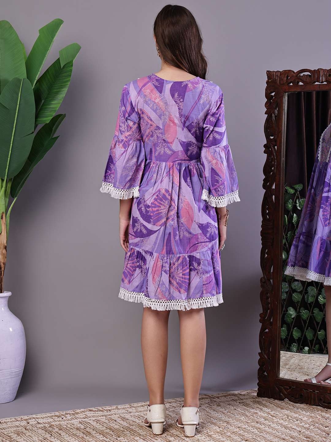 Wome's Purple Floral Cotton A-Line Dress with Lace Detailing Midi Dresses - Image 2