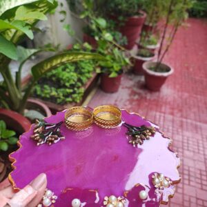 Handcrafted 8-inch deep purple resin Rakhi thali with latticed golden katoris and pearl accents