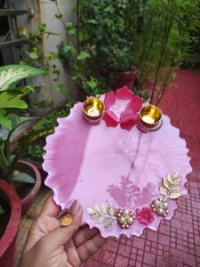 Handcrafted 8-inch dual pink resin Rakhi thali with top flower petals and golden katoris