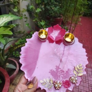 Handcrafted 8-inch dual pink resin Rakhi thali with top flower petals and golden katoris