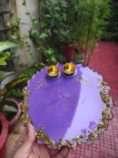 Handcrafted 8-inch bright violet resin Rakhi thali with gold leaf flakes and golden katoris