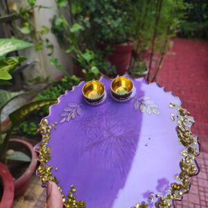 Handcrafted 8-inch bright violet resin Rakhi thali with gold leaf flakes and golden katoris