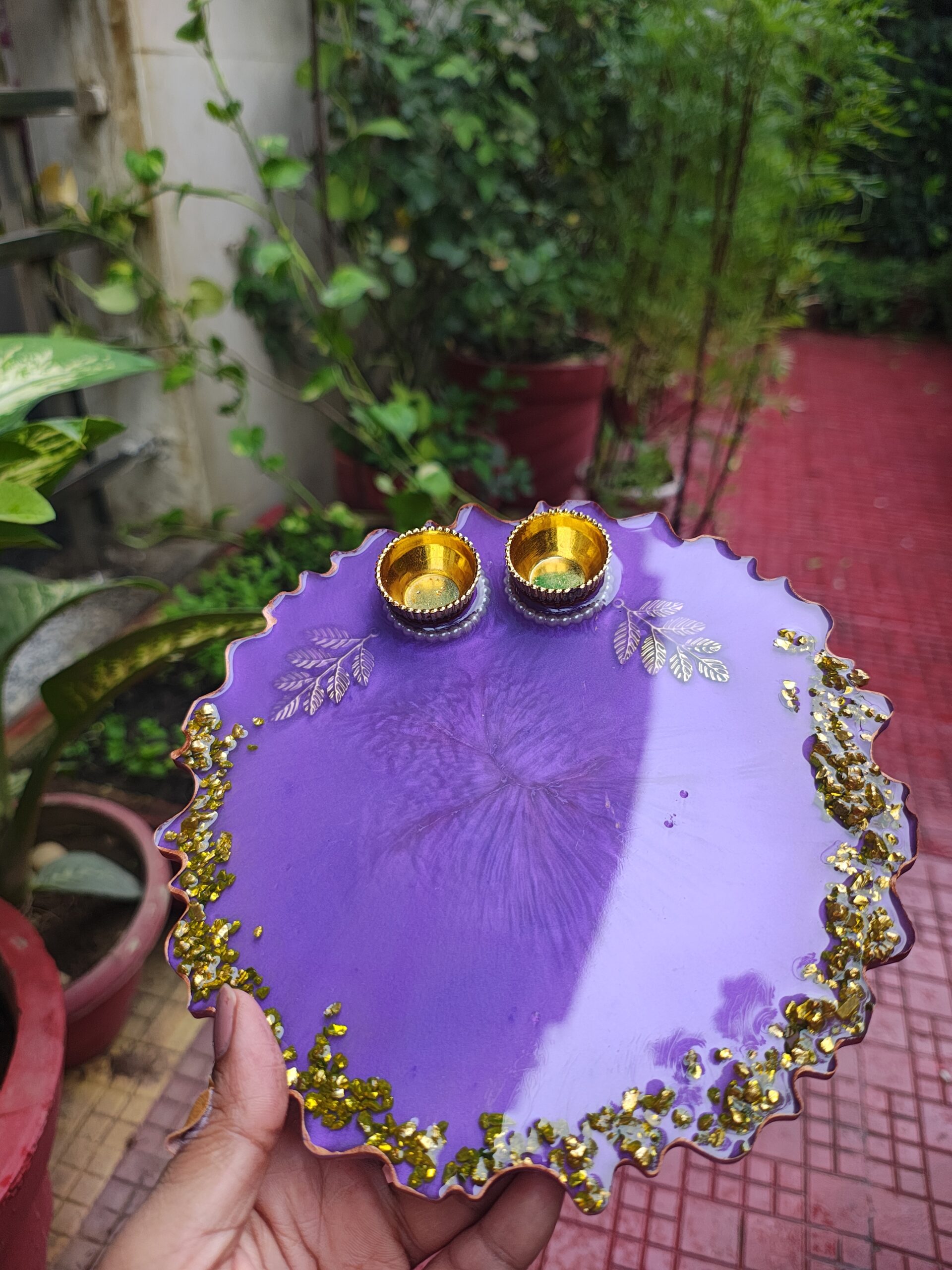 Handcrafted 8-inch bright violet resin Rakhi thali with gold leaf flakes and golden katoris