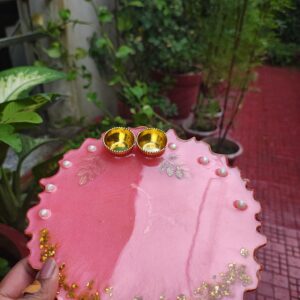 Handcrafted 8-inch coral pink resin Rakhi thali with pearl border and golden katoris