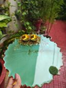 Handcrafted 8-inch sea green resin Rakhi thali with golden katoris and green rose motif