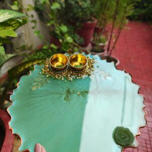 Handcrafted 8-inch sea green resin Rakhi thali with golden katoris and green rose motif