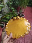Handcrafted 8-inch radiant yellow resin Rakhi thali with gold leaf flakes and golden katoris