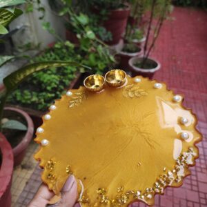 Handcrafted 8-inch radiant yellow resin Rakhi thali with gold leaf flakes and golden katoris
