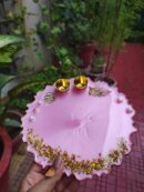 Handcrafted 8-inch baby pink resin Rakhi thali with gold leaf flakes and golden katoris