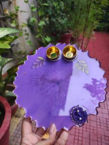 Handcrafted 8-inch deep purple resin Rakhi thali with rose motif and golden katoris