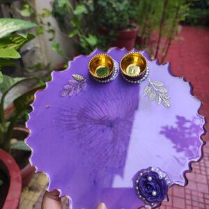 Handcrafted 8-inch deep purple resin Rakhi thali with rose motif and golden katoris