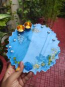 Handcrafted 8-inch ocean blue resin Rakhi thali with gold leaf flakes and golden katoris