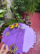 Handcrafted 8-inch purple resin Rakhi thali with golden katoris and leaf embellishments