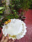 Handcrafted 8-inch pearl white resin Rakhi thali with gold leaf flakes and golden katoris