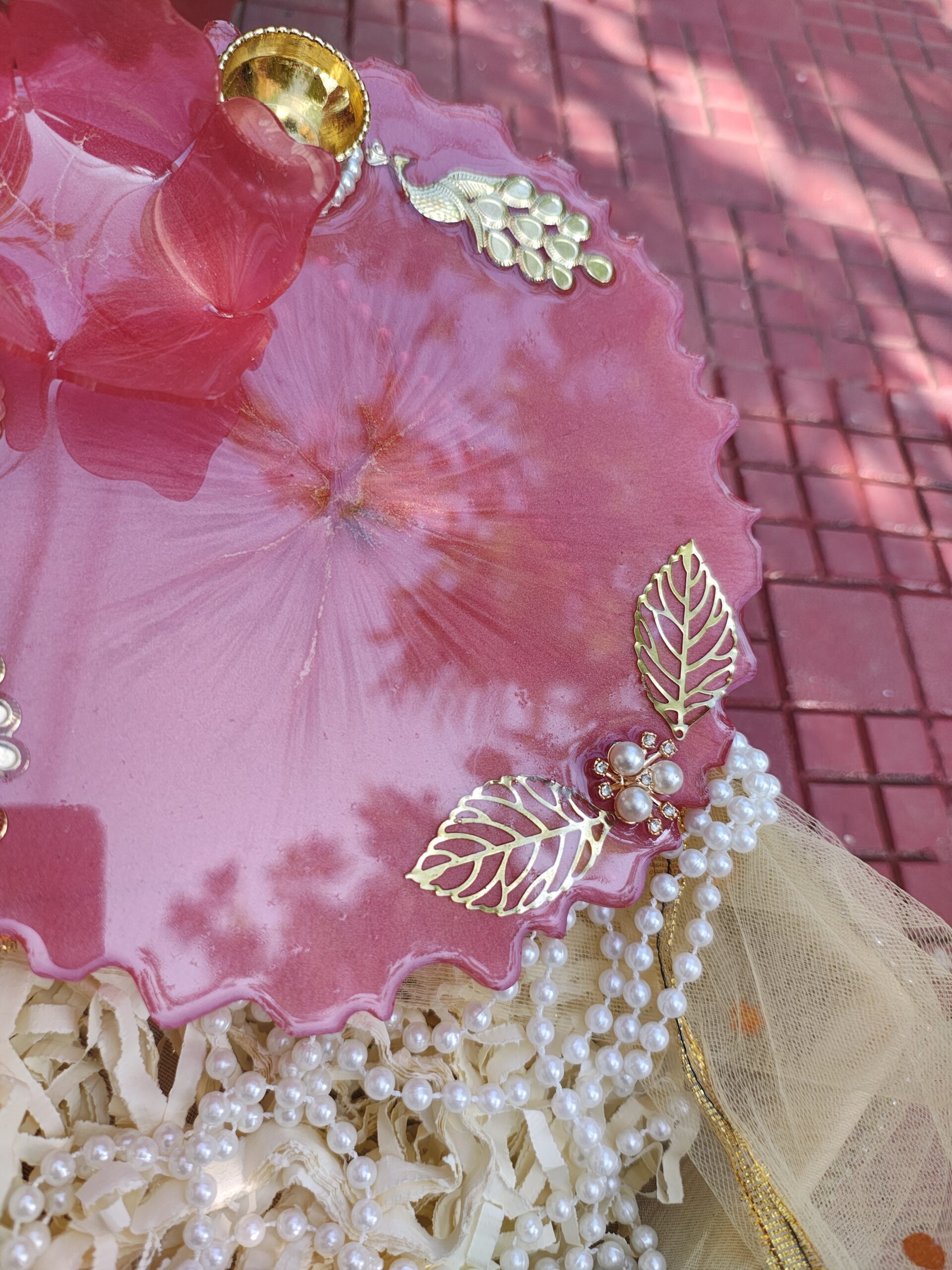 Handcrafted Rose Pink Resin Pooja Thali with Lotus & Kundan Peacock Accents - Image 2