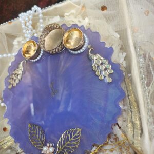 Handcrafted Royal Purple Resin Pooja Thali with Golden Leaf & Kundan Embellishments